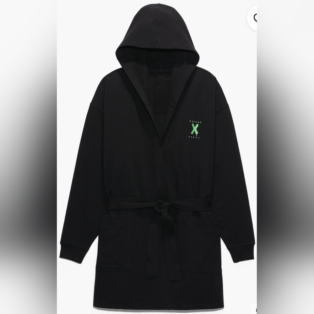 SAVAGE X FENTY SHOWGIRL LOGO SHORT SOFT HOODIE ROBE BLACK GREEN XS/S NTW